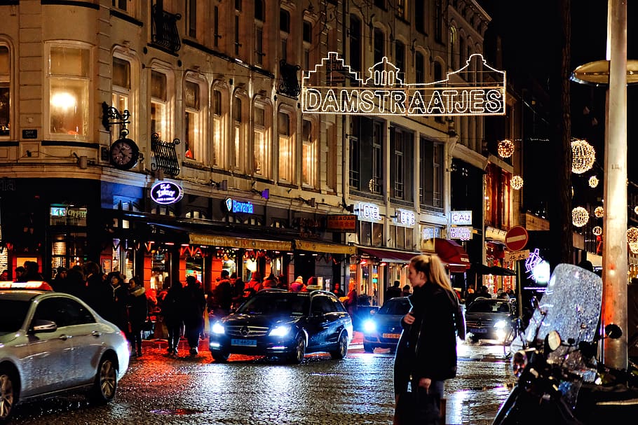 amsterdam, netherlands, damstraat, night, christmas, the netherlands HD wallpaper