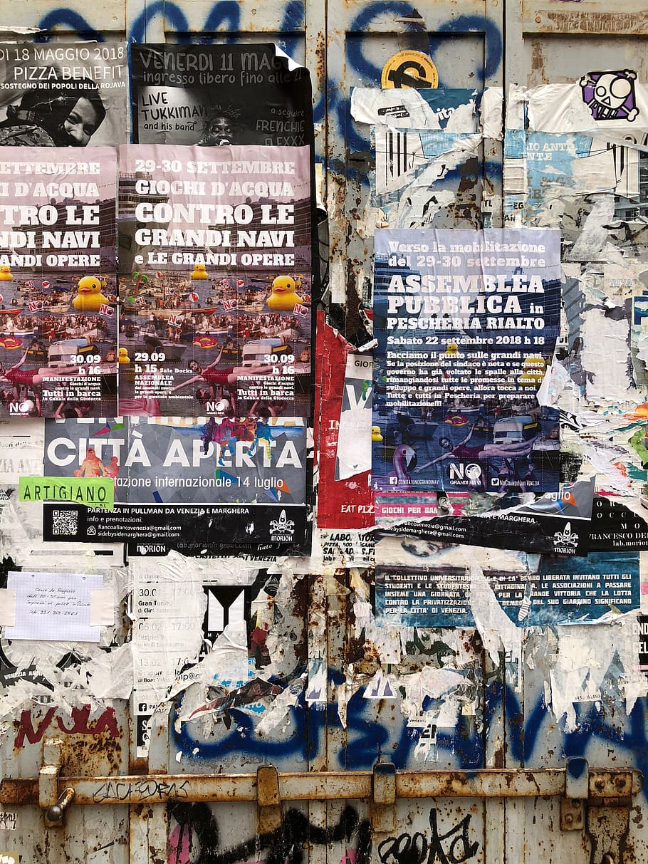 poster on wall, collage, calle contarina, venezia, italy, flyer