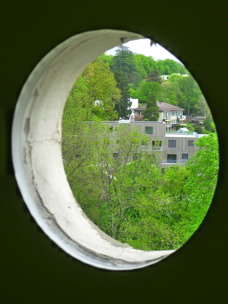 round, window, hole, green, tree, houses, plant, architecture HD wallpaper