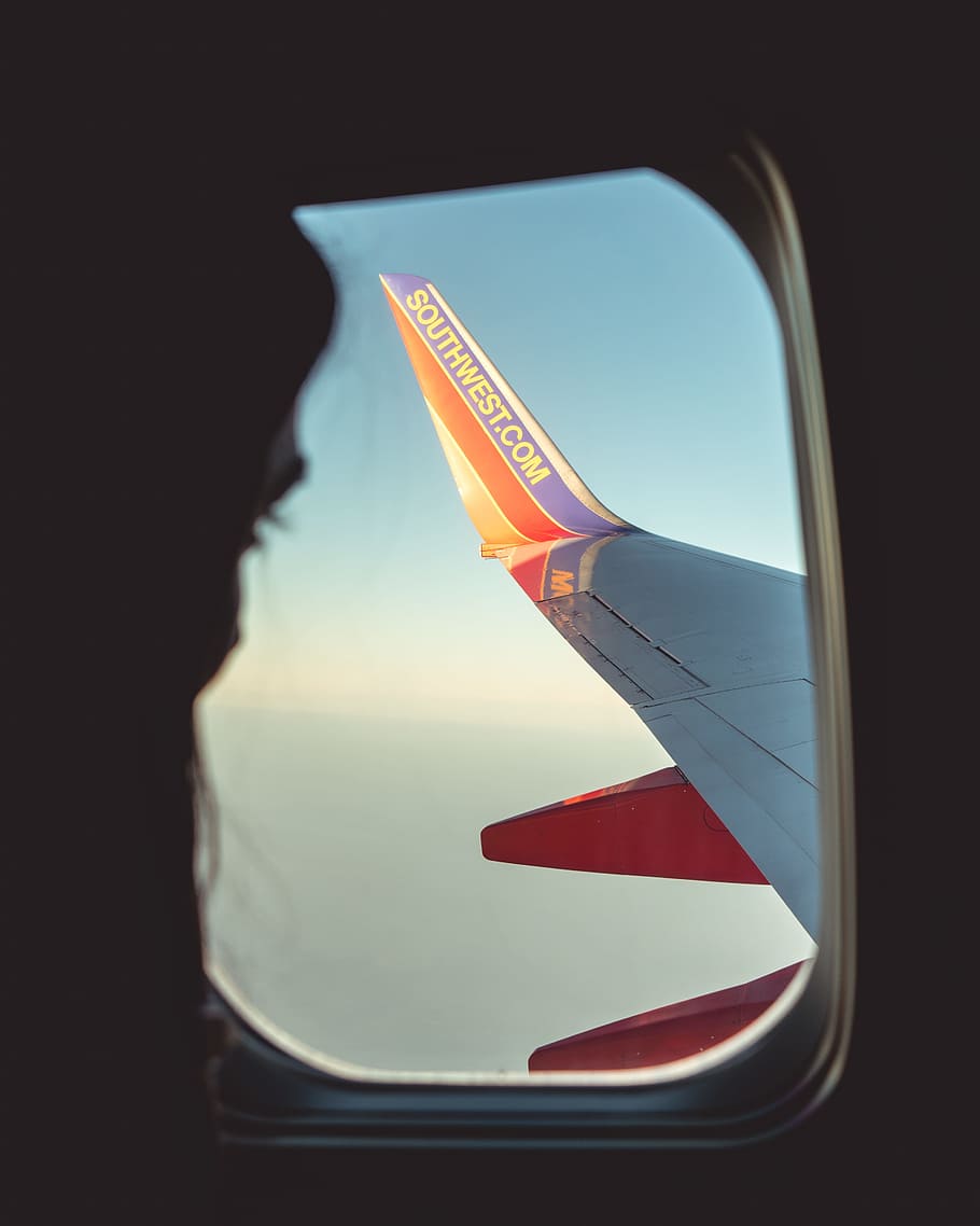 silhouette of person looking at airliner wing, airplane, airplane wing