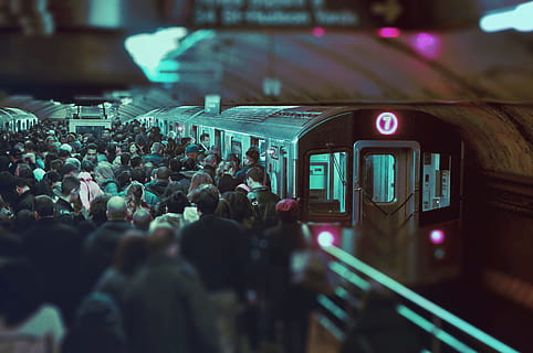 people on train station, crowd, cyberpunk, neon, sign, urban HD wallpaper