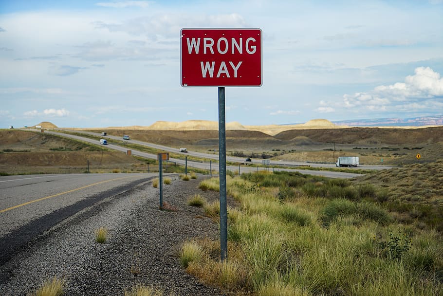 wrong way sign, road, symbol, gravel, dirt road, road sign, highway
