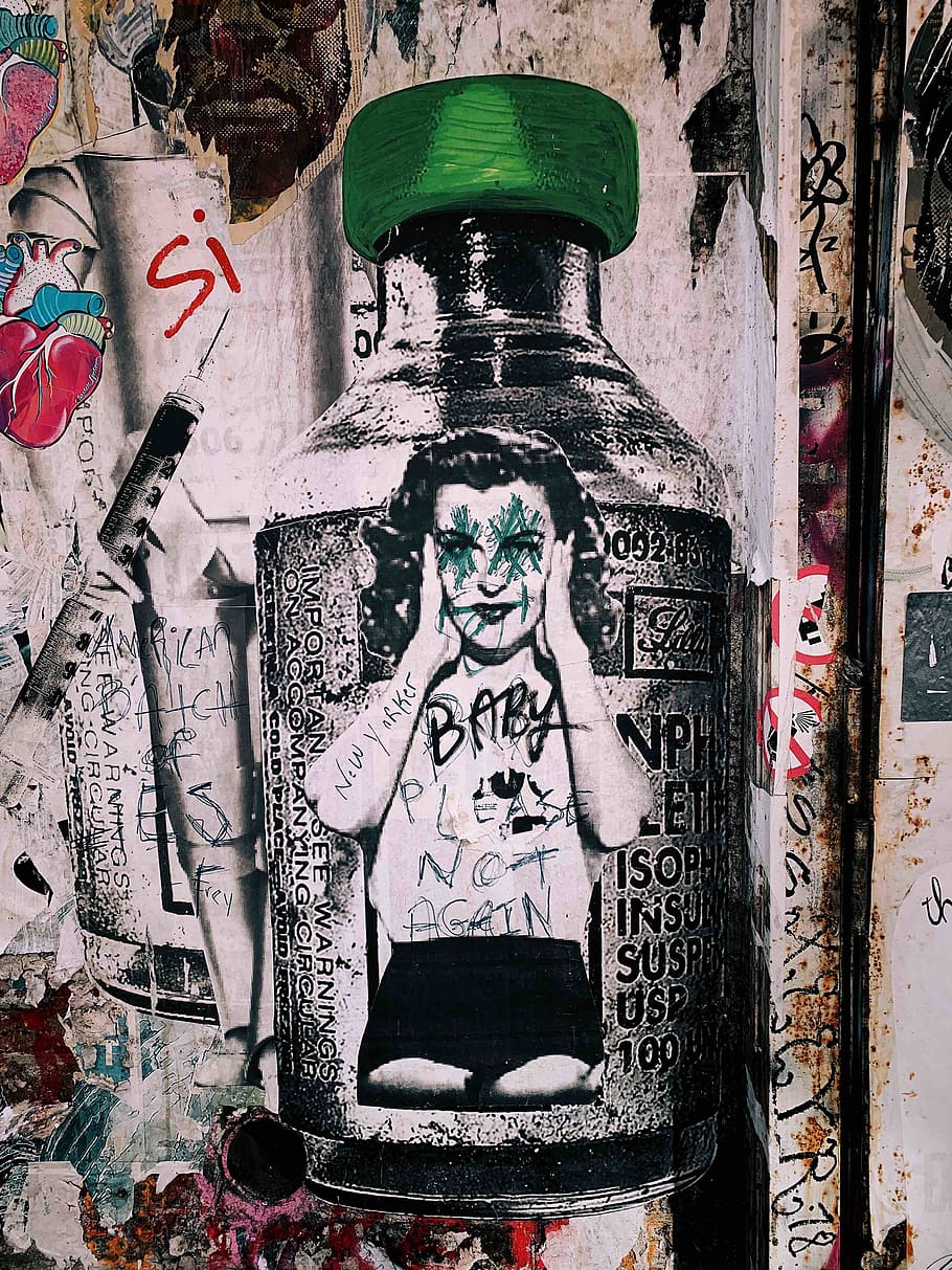 bottle, art, wall, text, label, drawing, drink, beverage, graffiti