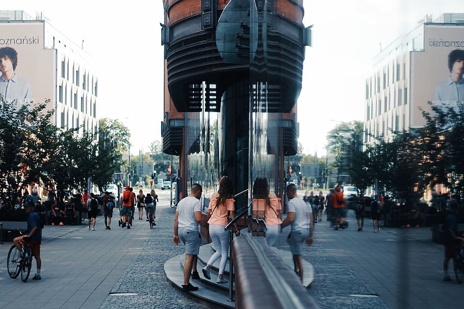 Woman And Entering A Building, pavement, people, reflection, stairs HD wallpaper