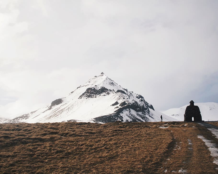 iceland, mountains, person, wander, explore, man, small, minimal HD wallpaper