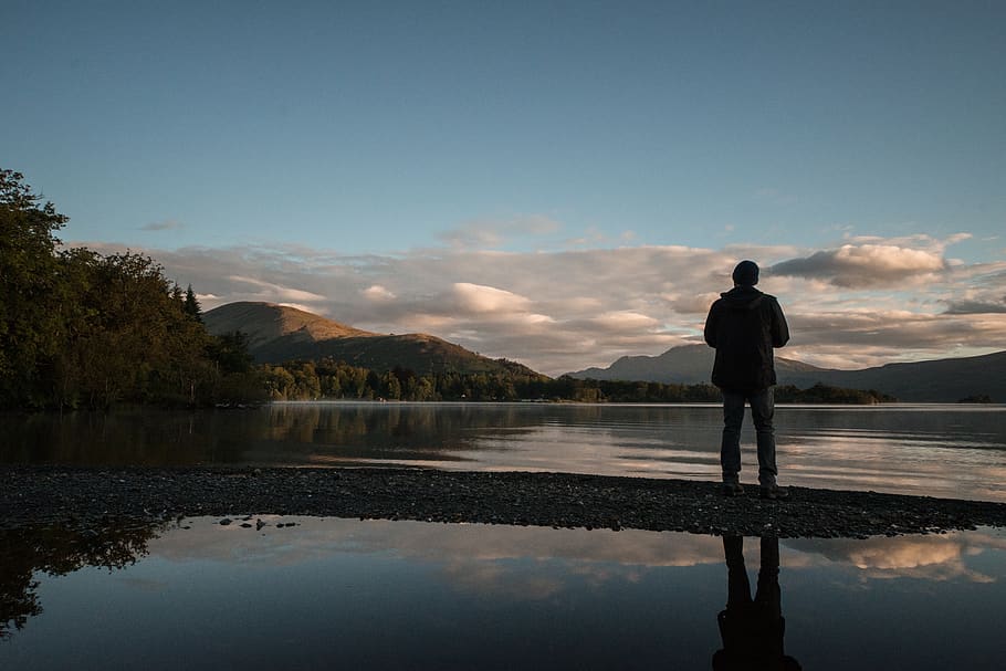 lake, trees, sunrise, first light, clouds, still water, lake lomond HD wallpaper