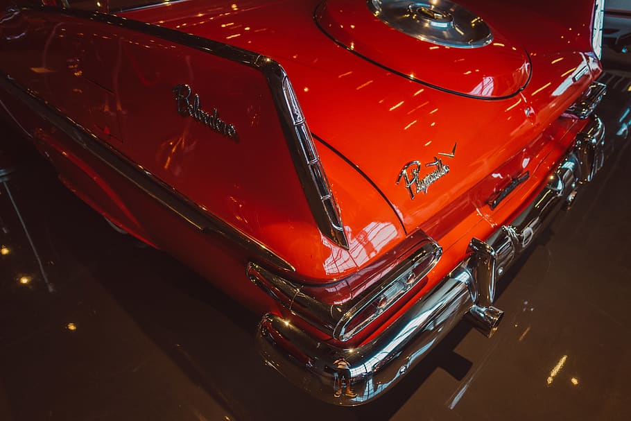 classic, car, back, red, shine, old, vehicle, dubai, showroom HD wallpaper