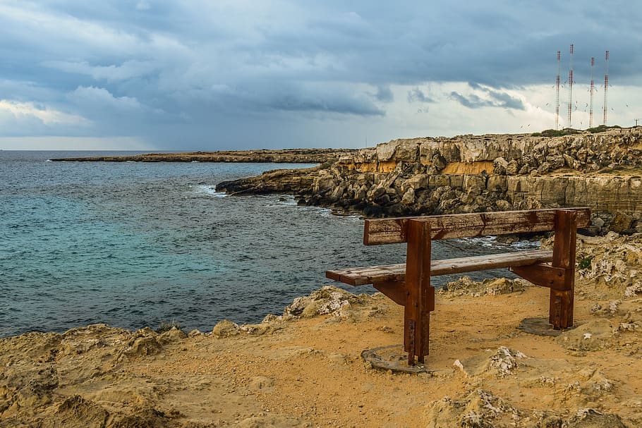 cyprus, cavo greko, bench, rock, cape, coastline, rocky coast HD wallpaper