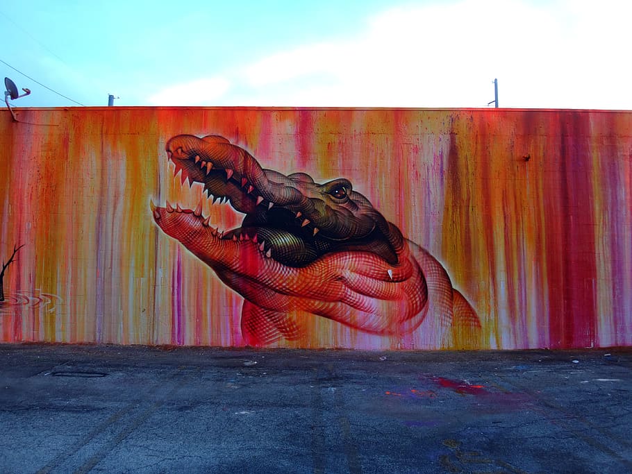 crocodile painting, reptile, animal, dinosaur, mural, wall, graffiti HD wallpaper