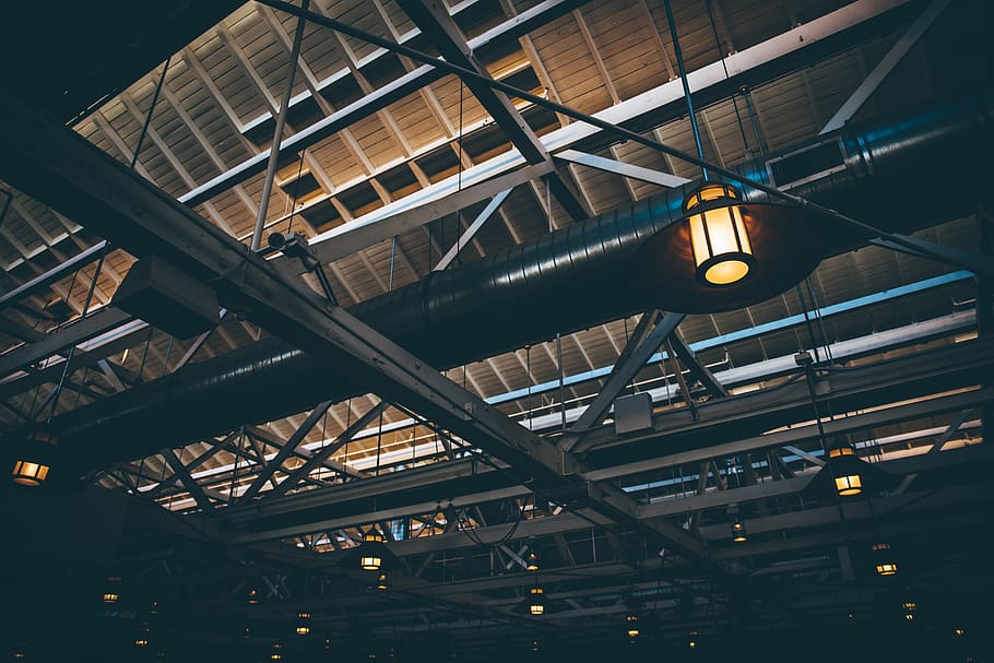 lights, urban, inside, structure, pipes, industrial, built structure HD wallpaper