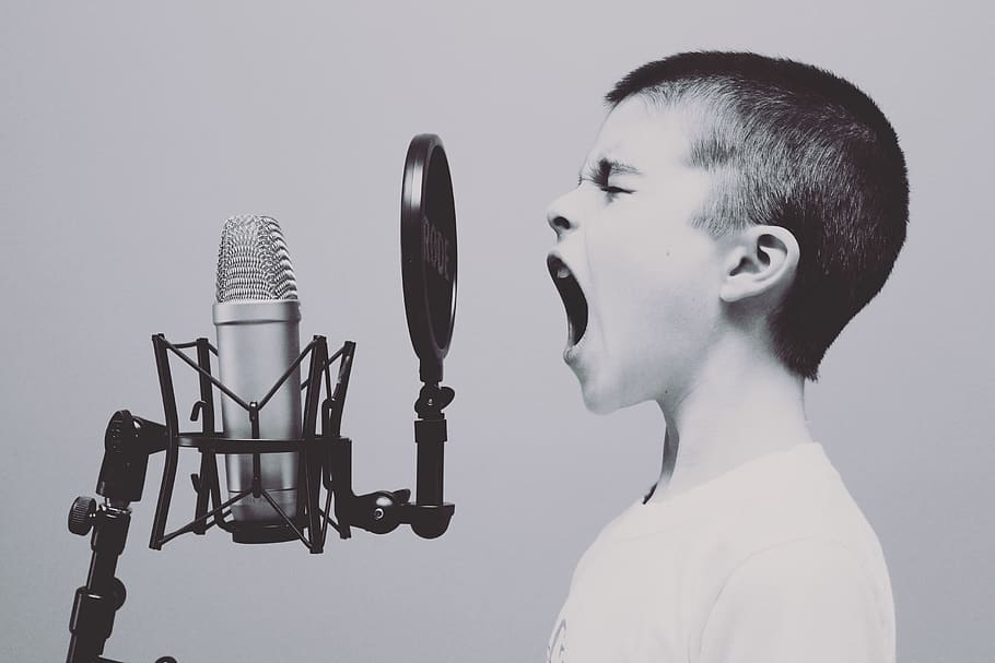 microphone, boy, studio, screaming, yelling, sing, singing, HD wallpaper