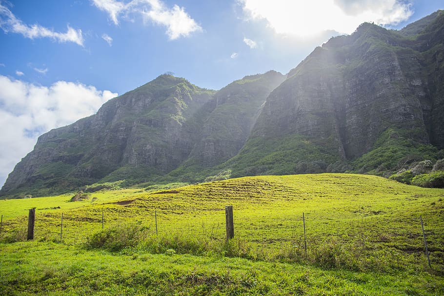 green grass field across mountain, nature, outdoors, grassland HD wallpaper