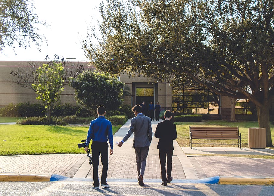 Three Man Walking on Street Wearing Suit Jackets, bench, building HD wallpaper