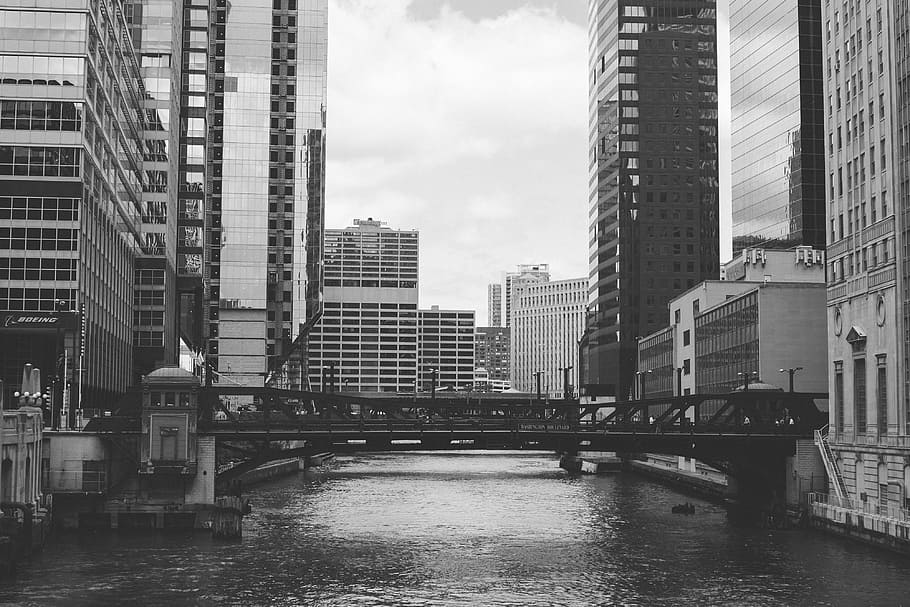 Chicago river in black and white, abstract, architecture, background