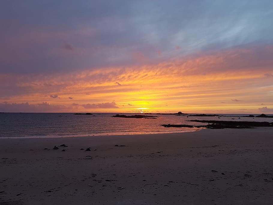 guernsey, beach, orange sky, clouds, cobo, west coast, sunset HD wallpaper