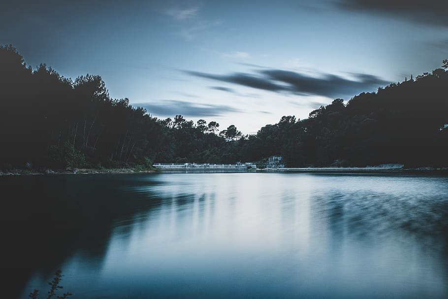 lake, trees, reflection, sun, clouds, water, sky, long exposure HD wallpaper