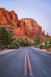 road leading to red mountain, landscape, street, rock, open road HD wallpaper