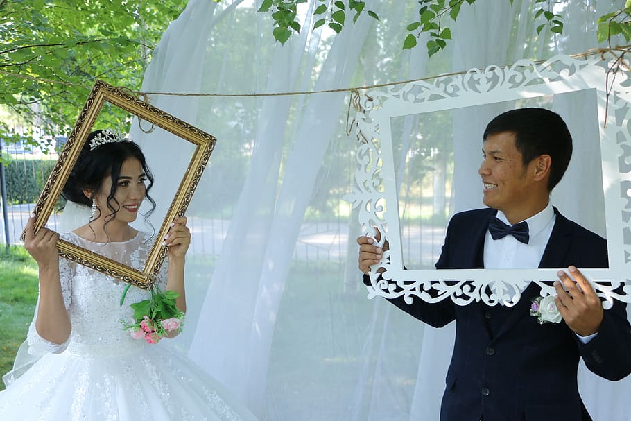 wedding, bride, groom, frames, picture time, celebration, real people HD wallpaper