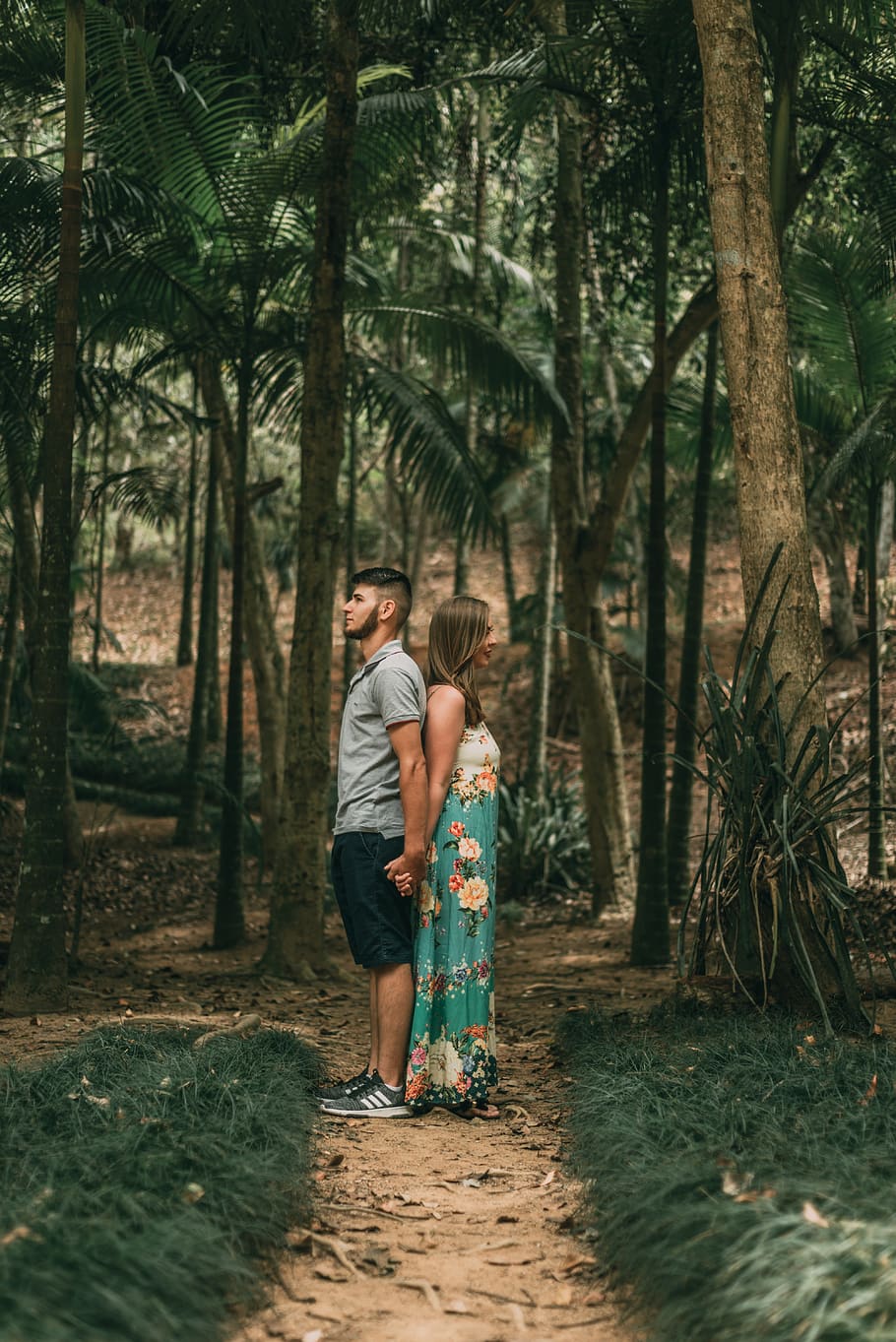 Photo Of Couple Standing In The Middle Of Forest, adults, environment HD wallpaper
