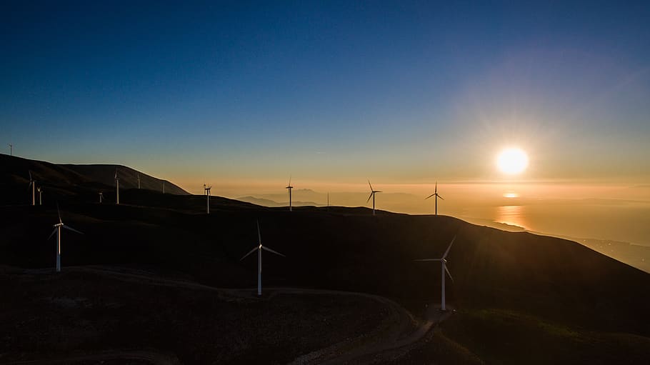 dark, sunset, windmill, solar, energy, highland, mountain, landscape HD wallpaper