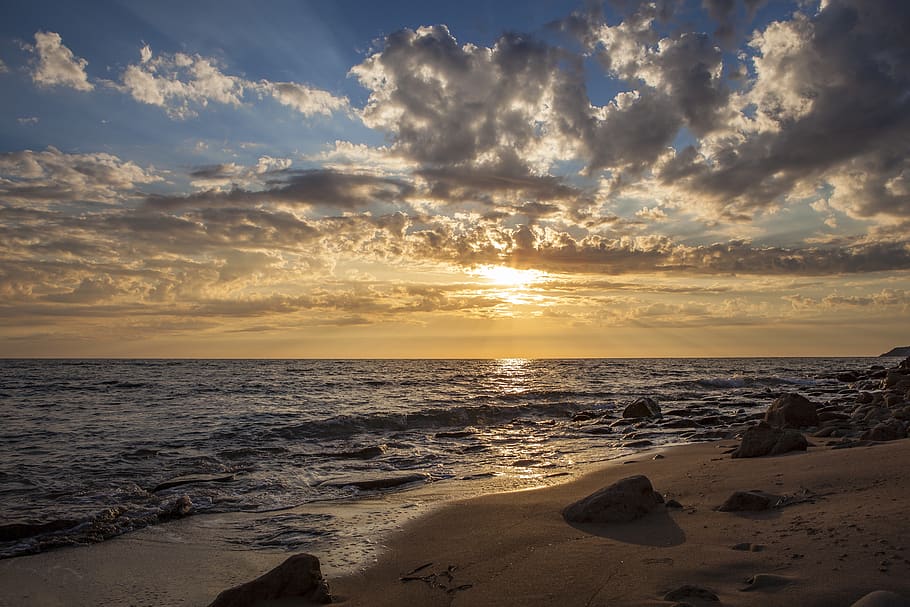 sunset, beach, summer, vacations, dusk, romantic, ocean, twilight HD wallpaper