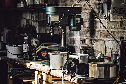 Green and White Press Drill on Table, clutter, garage, tools HD wallpaper