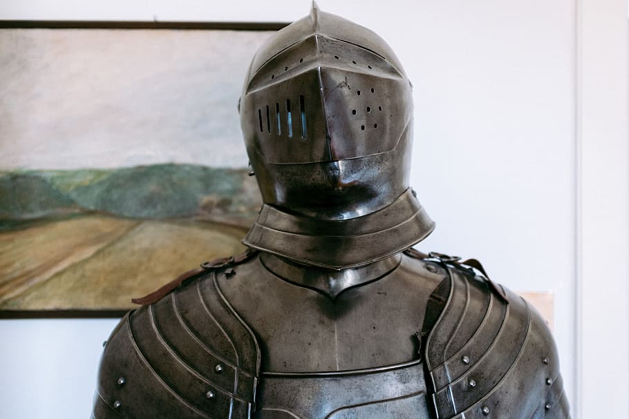 A knight, armor, armour, battle, black, chain, closeup, decoration