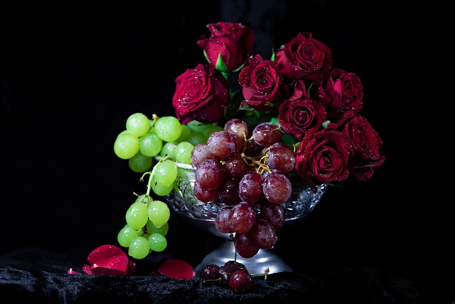 Red Roses And Grapes, bloom, blossom, dew, flora, flowers, food HD wallpaper