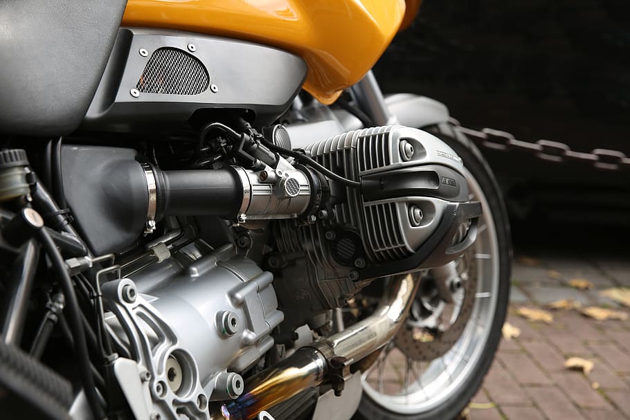 Yellow and Gray Motorcycle Parks Near Chain Rail, engine, machine HD wallpaper