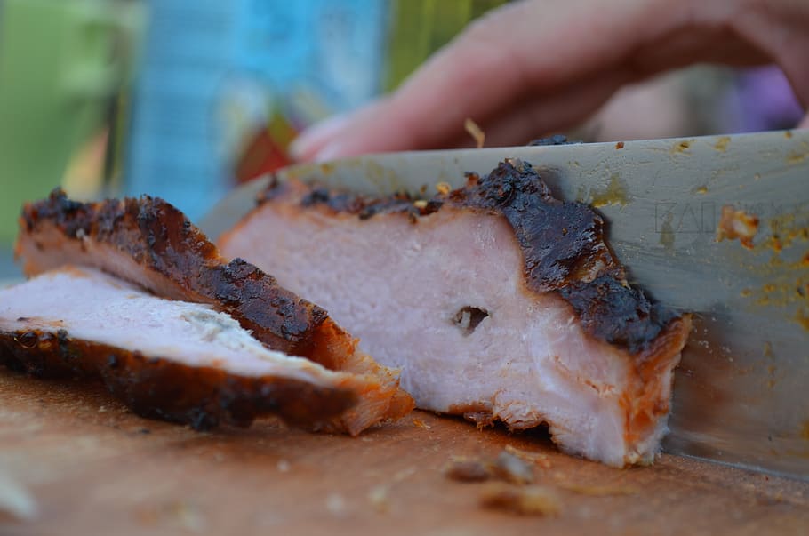 meat, pork, knife, nice, food, human hand, human body part HD wallpaper