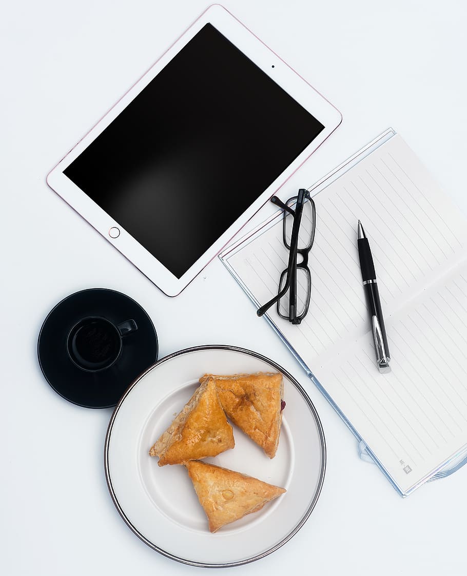 White Ipad and Items on White Surface, black coffee, breads, breakfast HD wallpaper
