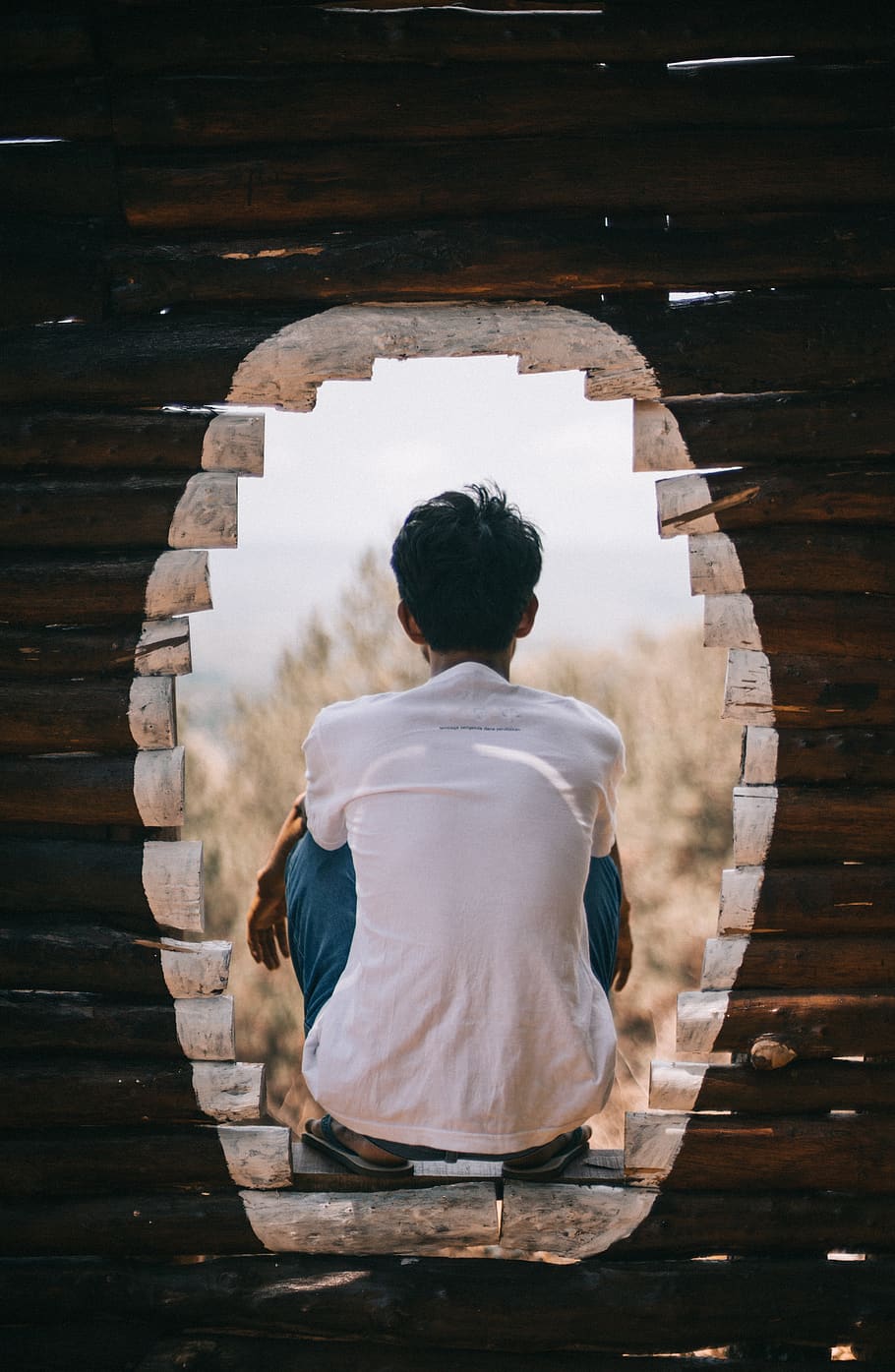 Photo Of Man In White Shirt, person, sitting, solo, rear view HD wallpaper