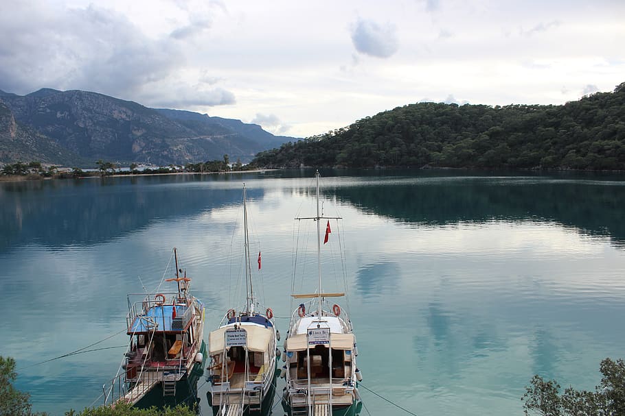 boat, oludeniz, blue, fethiye, beach, turkey, mountains, port, HD wallpaper
