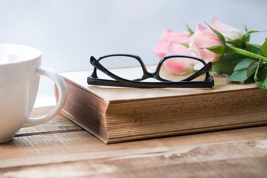 Eyeglasses on Book Beside Pink Rose on Cup, blur, close-up, coffee HD wallpaper
