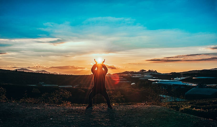 Silhouette Of Man , clouds, dawn, person, sky, sun, sunrise, sunset HD wallpaper