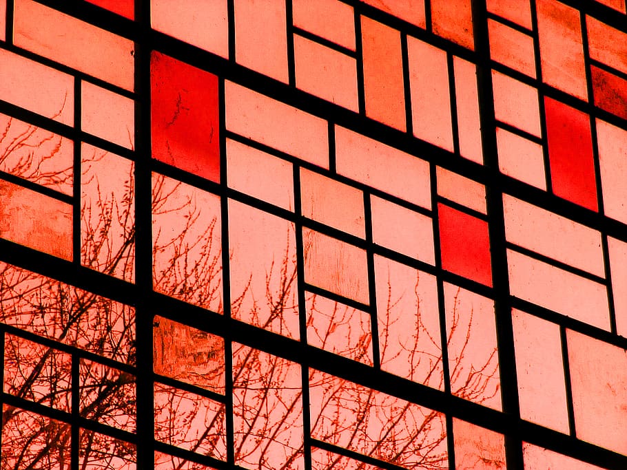Red Orange Glass Window, architectural design, branches, close-up HD wallpaper