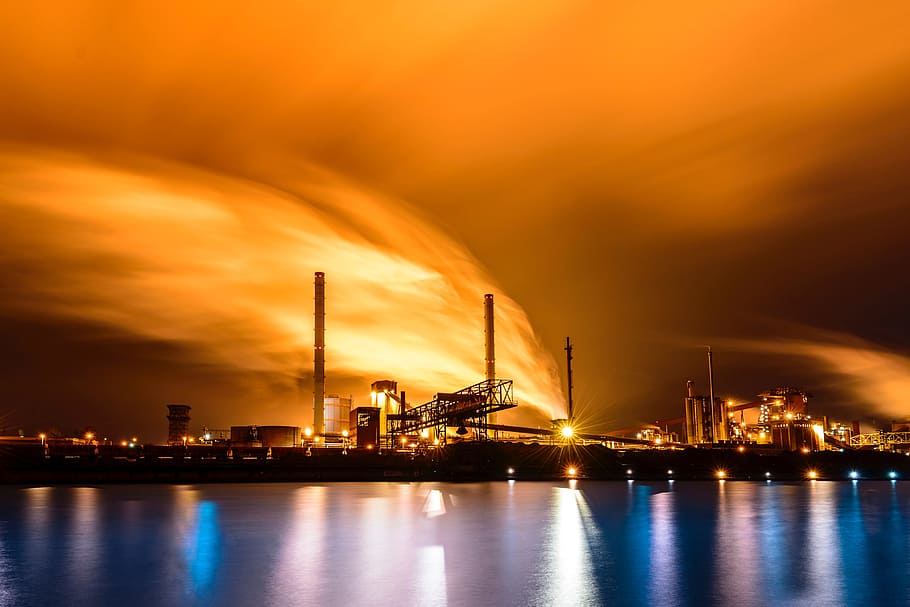 Factory Smoke, various, industrial, industry, water, night, illuminated, HD wallpaper