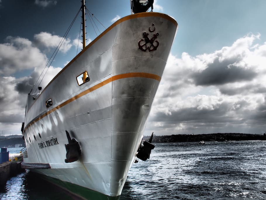 Silver Metal Battleship on Water, boat, clouds, dock, harbor HD wallpaper