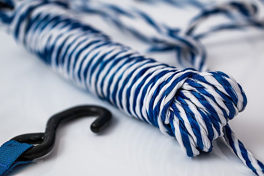 Blue and White Rope in Bundle on White Table, bind, knot, tangled HD wallpaper