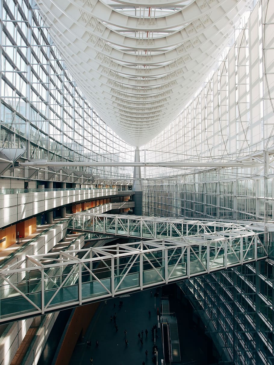 gray building interior, architecture, banister, handrail, terminal HD wallpaper