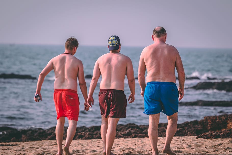 friends, walk, beach, ocean, sea, water, men, shirtless, rear view HD wallpaper
