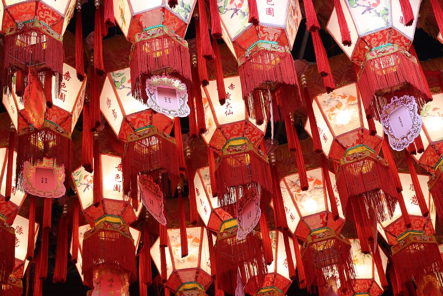 red chinese lanterns, hanging, no people, decoration, full frame HD wallpaper