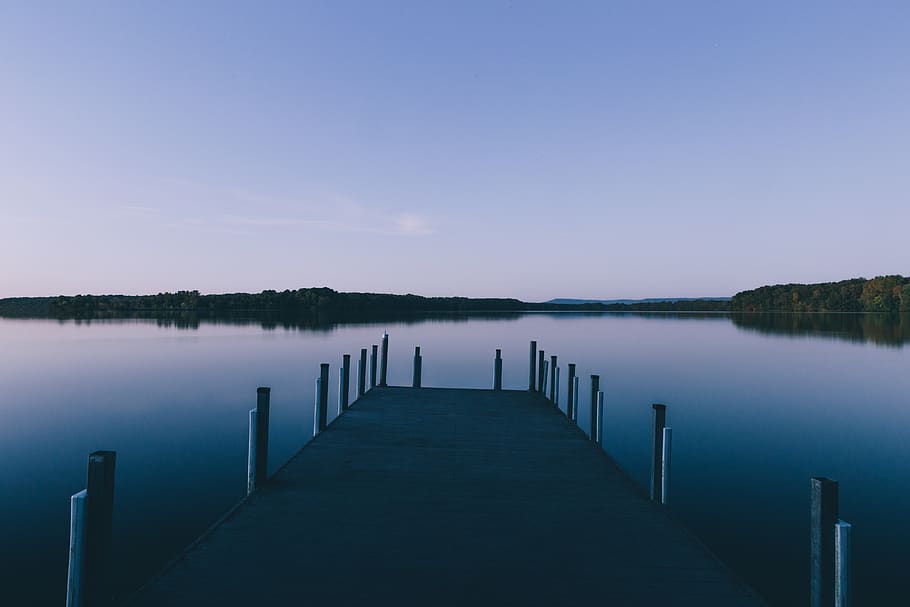 blue dock bay, water, sky, lake, tranquility, tranquil scene HD wallpaper