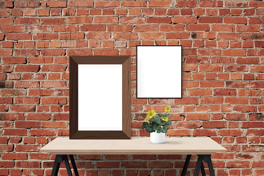 poster, frame, wall, desk, plants, brick, brick wall, blank HD wallpaper