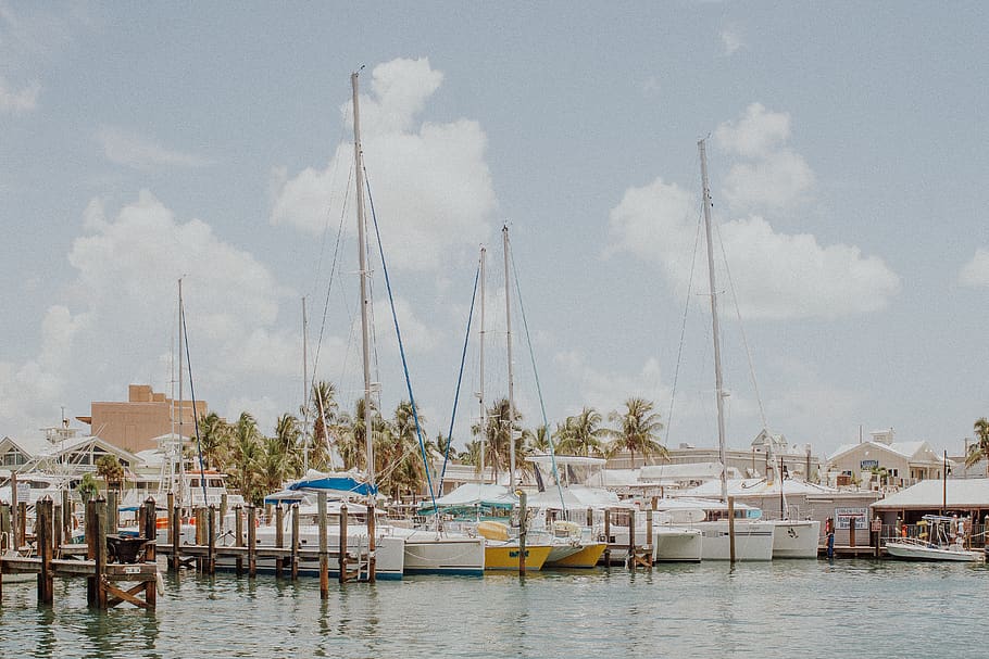 white boat lot, water, sky, cloud - sky, built structure, architecture HD wallpaper