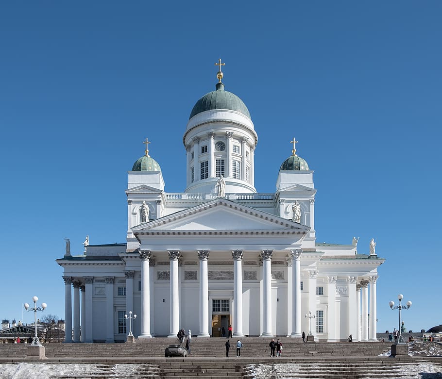 finland, helsinki cathedral, helsingfors, steps, sky, snow, HD wallpaper