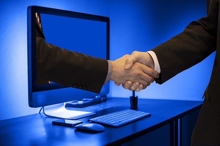 handshake, monitor, online, partner, businessmen, team, cooperation, HD wallpaper