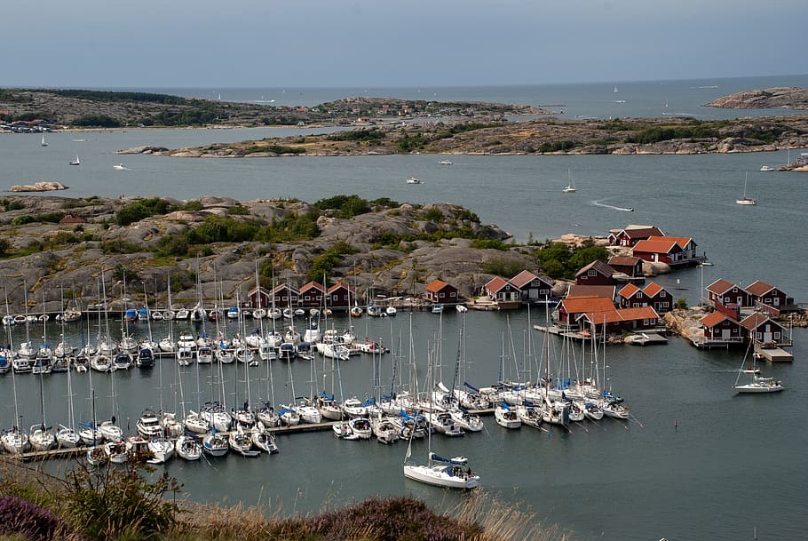 sea, summer, cloud, water, coastal, cliffs, granite, bohuslän HD wallpaper