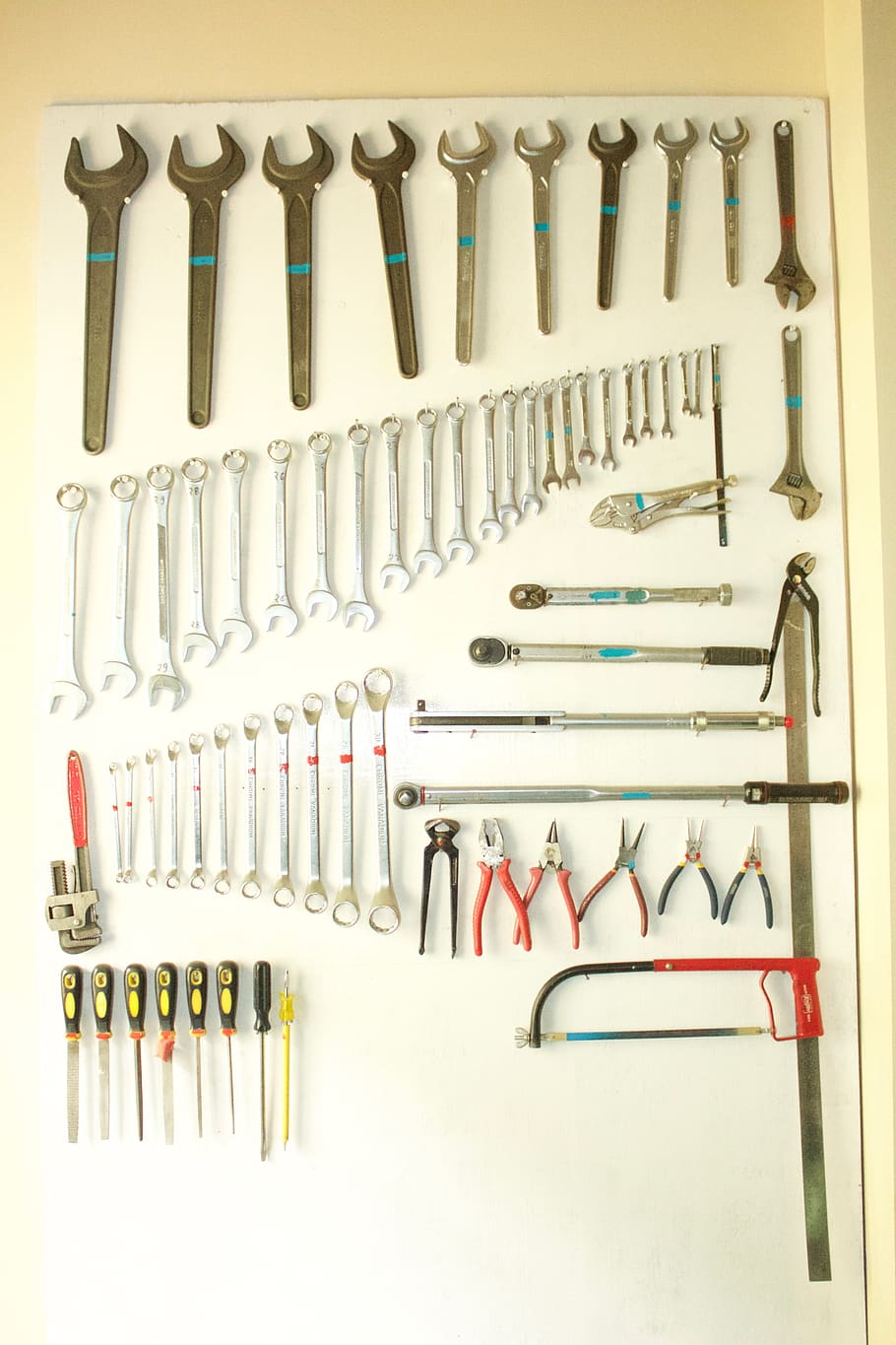 tool, screwdriver, toolshed, clamp, brick, hammer, handsaw, HD wallpaper