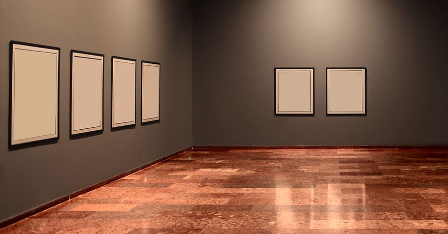 White Frames on grey wall in art museum, border, display, interior